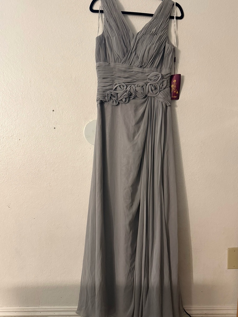 Gray Pleated V-Neck Maxi Dress with Rosette Waist